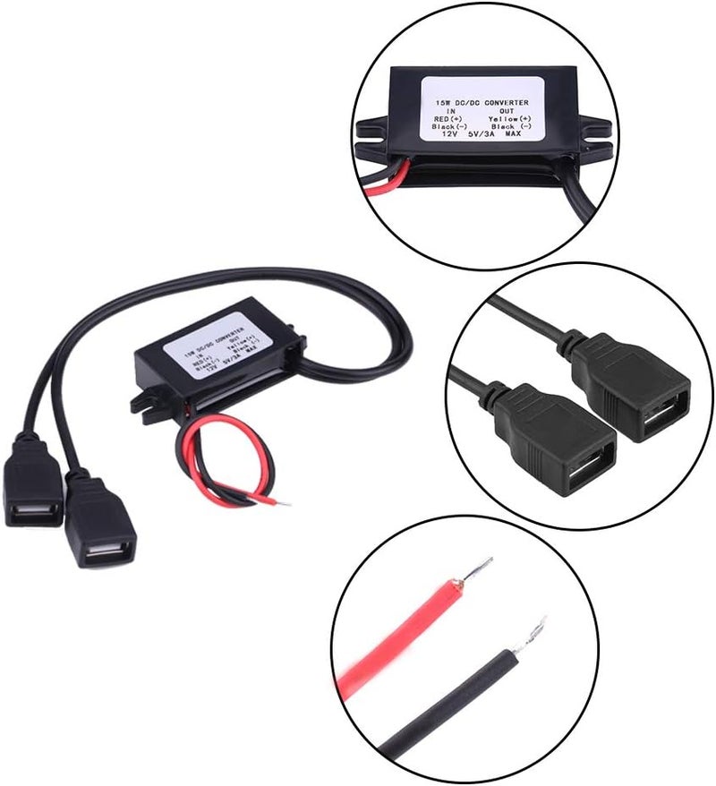 كينسو وحدة تحويل DC 12V إلى 5V، 3A محول USB مزدوج فائق النحافة متعدد الوظائف، وحدة تحويل USB مزدوجة لشحن الهواتف في السيارات والدراجات النارية - Image 5