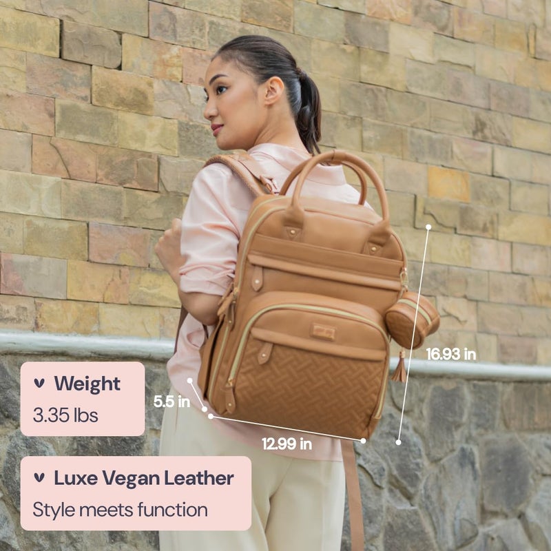 BabbleRoo Leather Diaper Bag Backpack - Baby Essentials Travel Baby Bag, Multi function, Water Resistant, with Changing Pad, Stroller Straps & Pacifier Case â€“ Unisex, Light Brown - Image 3