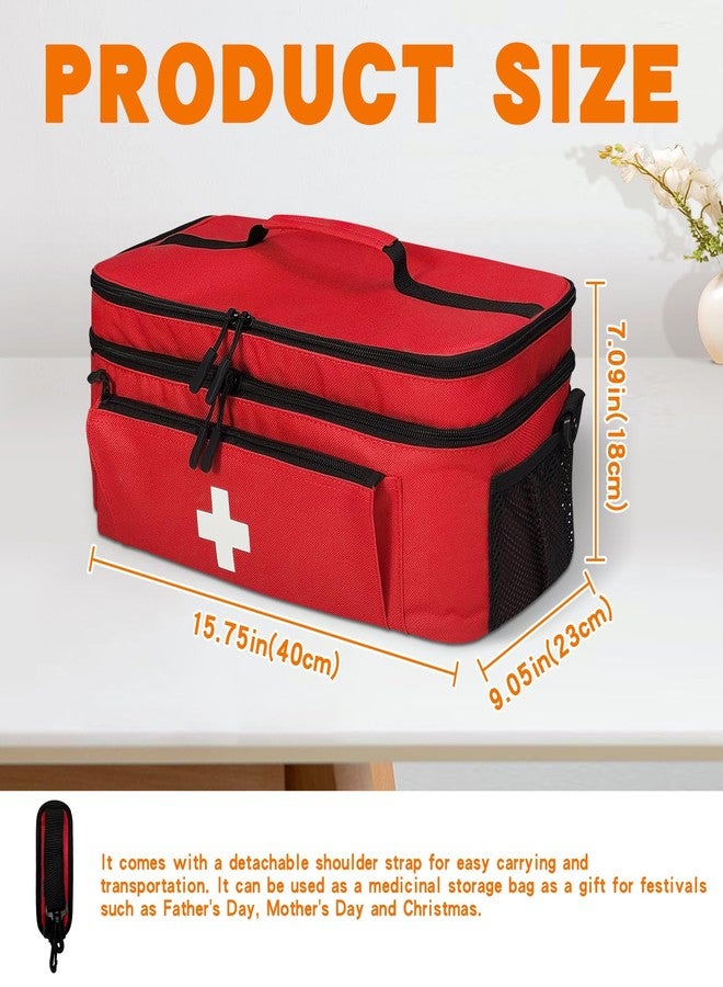 Jenlan Travel Medicine Bag Organizer, Large Medical Bag with Shoulder Strap Family First Aid Bag Empty Medication Storage Medical Bag Empty for Car, Home, Office, Outdoor (15.75 * 9.05 * 7.09in, Red) - Image 2