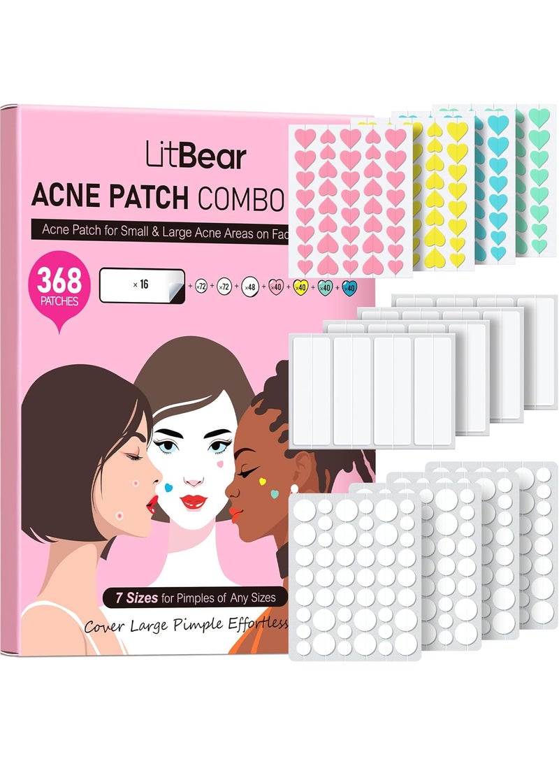 LitBear LitBear 3 IN 1 Acne Patch for Face 7 Sizes 368 Patches Hydrocolloid Acne Patches for Chin Forehead Nose 16 XL Pimple Patches Large for Body HeartShaped Acne Cover Zit Patches Acne Dots Sticker 