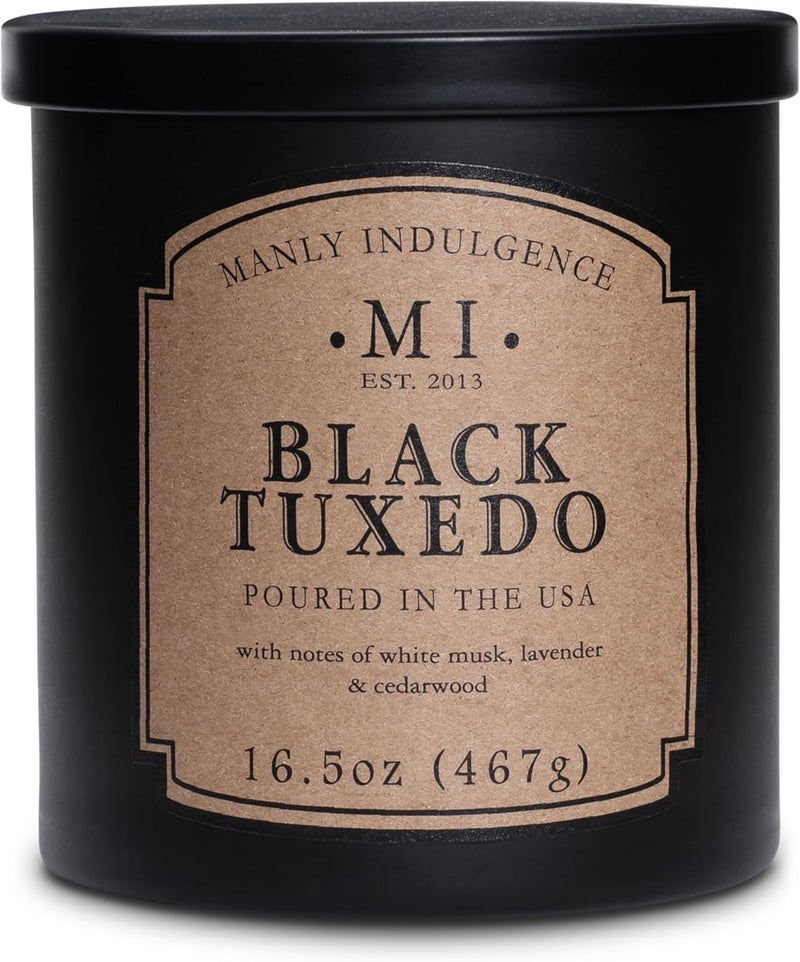 Manly Indulgence Black Tuxedo Jar Candle 16.5 oz - White Musk, Lavender, Cedarwood, Jasmine & Earthy Orris - Up to 60 Hour Burn - Soy Blend Wax, USA Poured - Image 1