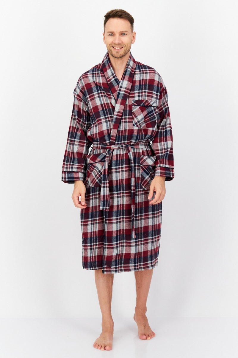 Bottoms Out Men Windowpane Long Sleeve Robe, Maroon Combo  - Image 1