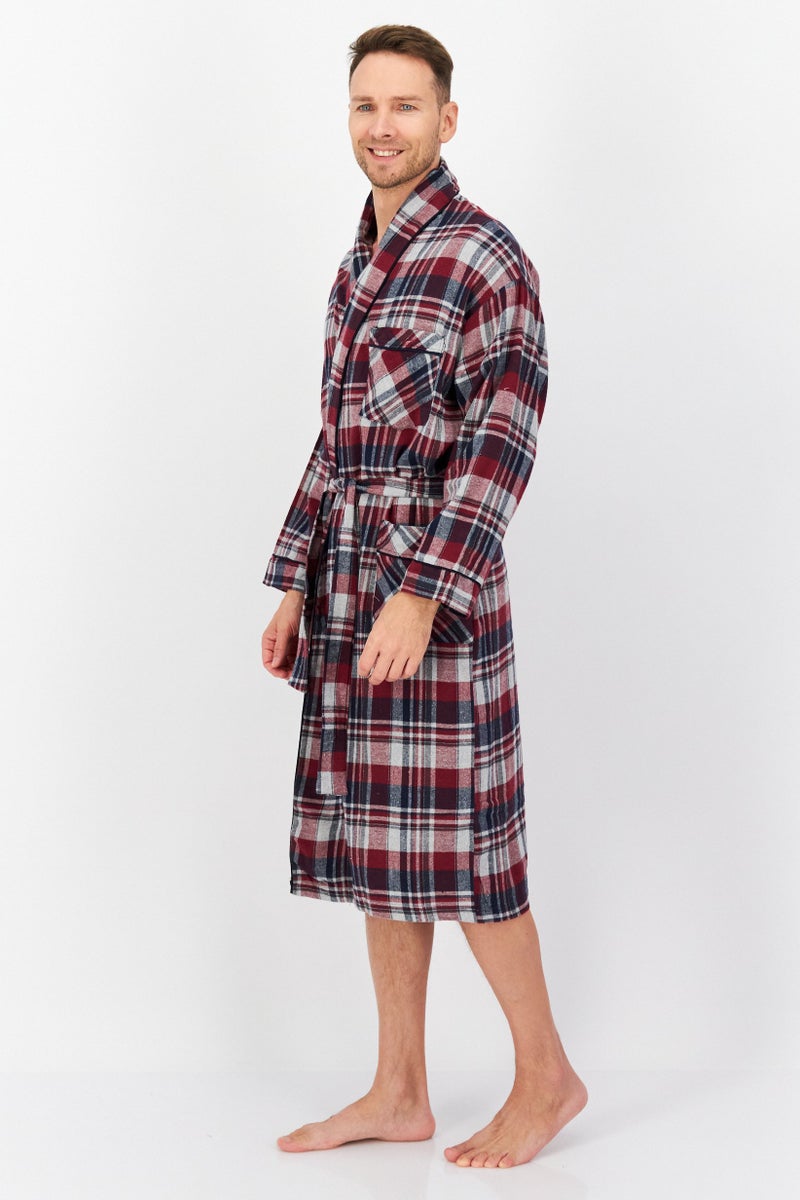 Bottoms Out Men Windowpane Long Sleeve Robe, Maroon Combo  - Image 2