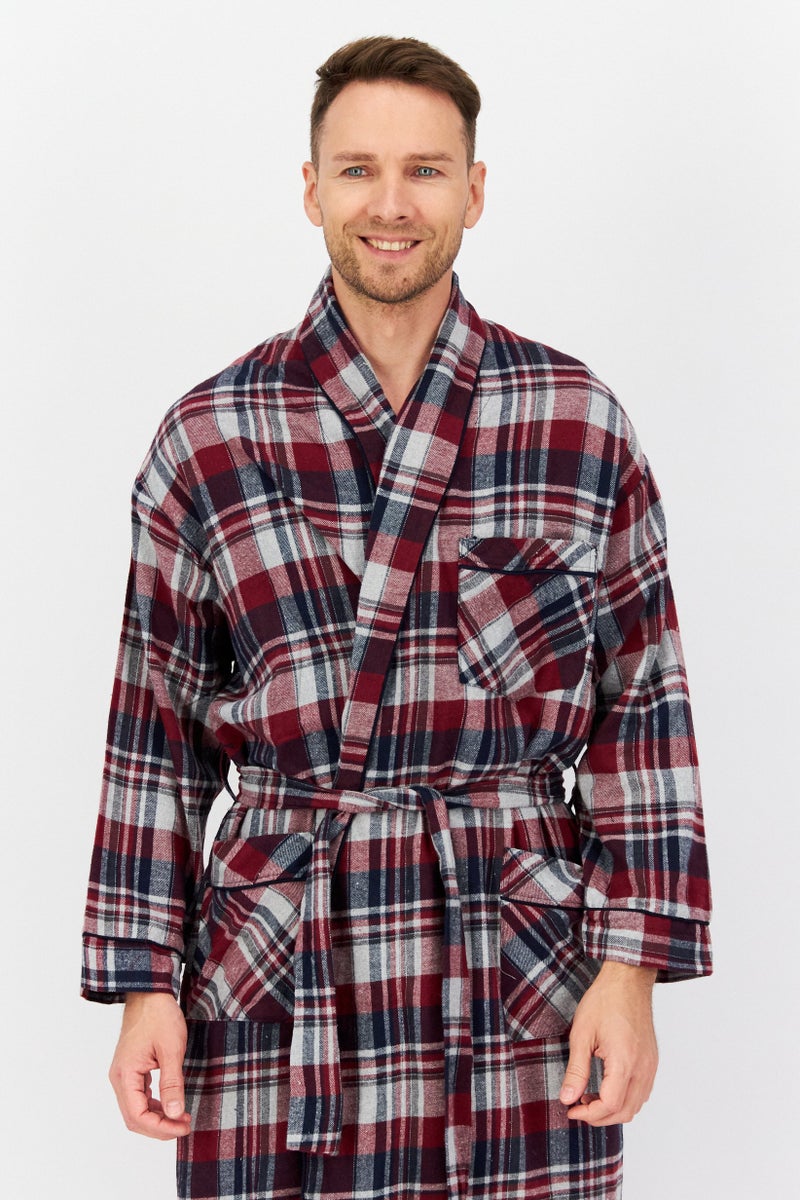 Bottoms Out Men Windowpane Long Sleeve Robe, Maroon Combo  - Image 4
