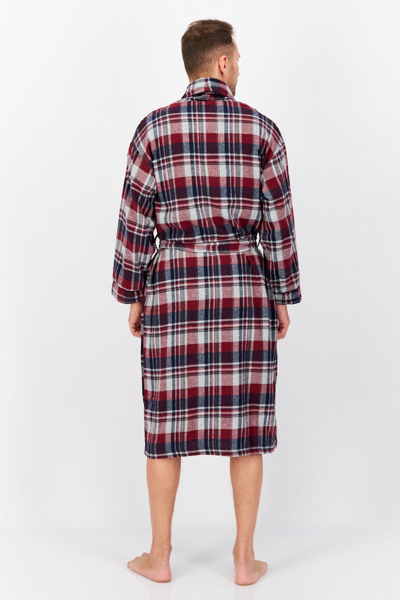 Bottoms Out Men Windowpane Long Sleeve Robe, Maroon Combo  - Image 3
