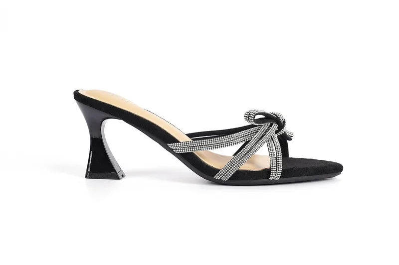 Womens heeled with mesh embelished mules