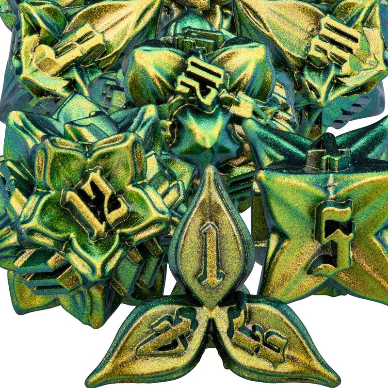ARUOHHA DND Metal Dice Set Yellow Green Leaf Design Polyhedral Dice with Box 7PCS D and D Dice RPG Role Playing Games D20 D12 D10 D8 D6 - Image 3