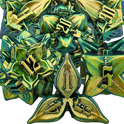 ARUOHHA DND Metal Dice Set Yellow Green Leaf Design Polyhedral Dice with Box 7PCS D and D Dice RPG Role Playing Games D20 D12 D10 D8 D6 - Image 1