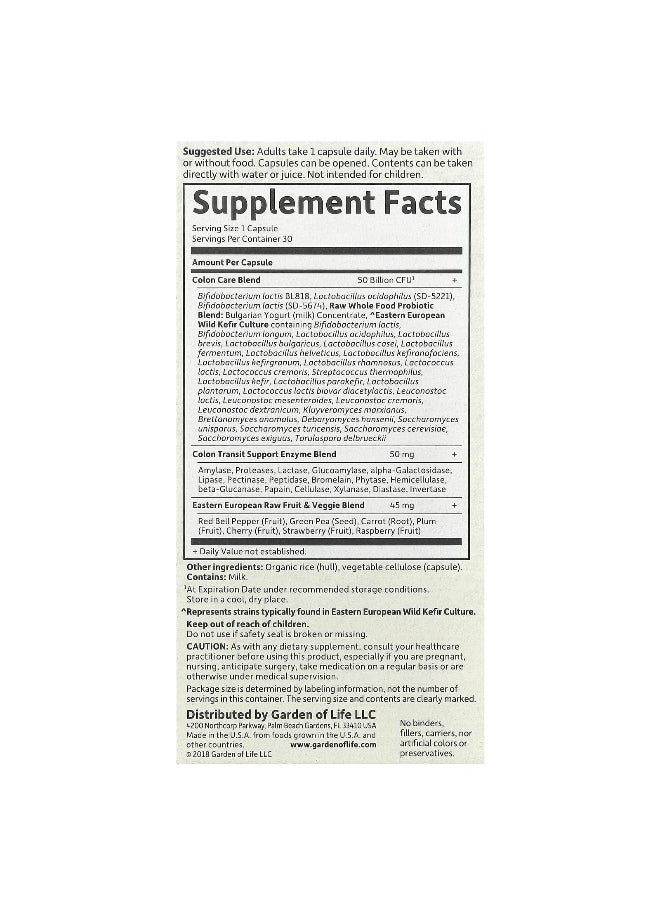 Garden of Life Garden of Life, RAW Probiotics, Colon Care, 30 Vegetarian Capsules  - Image 2