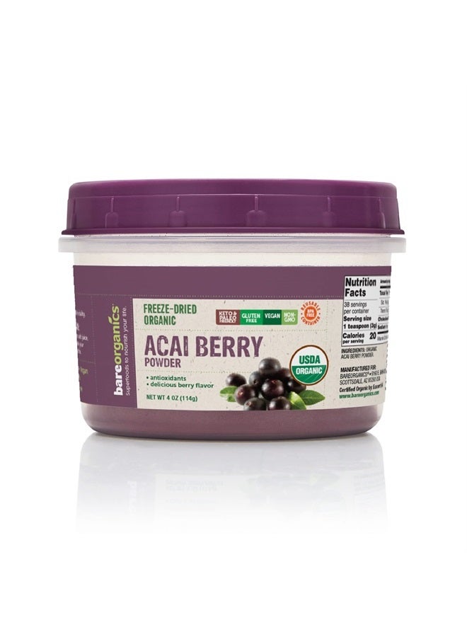 BareOrganics مسحوق توت الأكاي، مسحوق سوبر فود، مكمل غذائي عضوي، 4 أونصات - Image 1