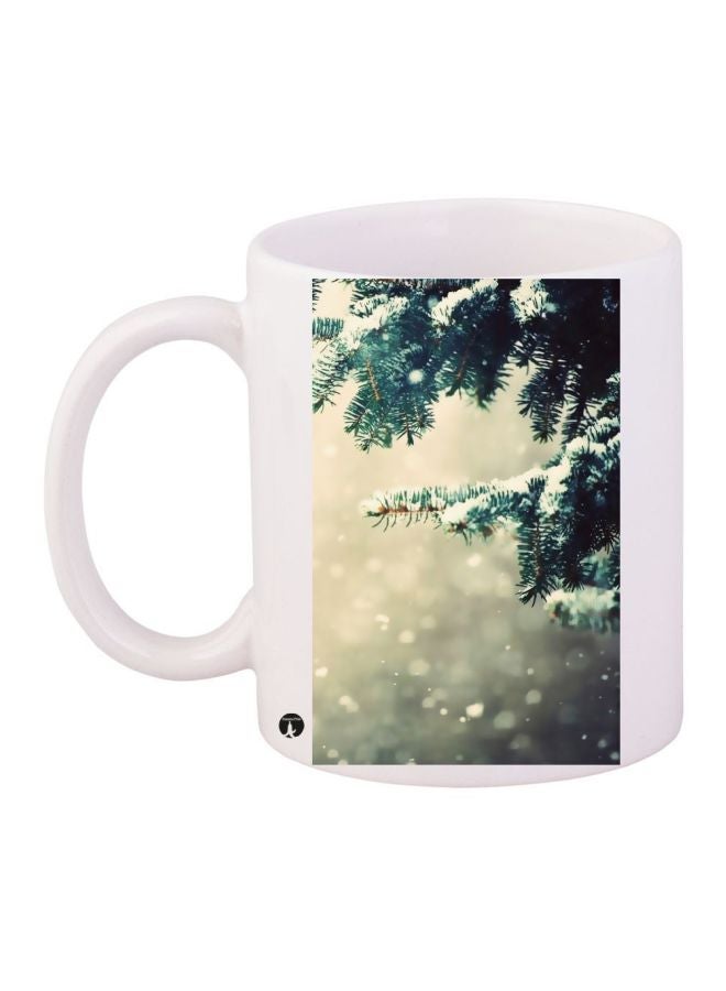 Snowy Leaves Printed Coffee Mug White/Green/Beige 11ounce