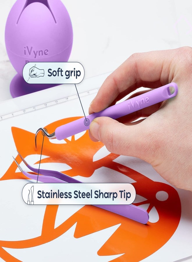 iVyne (8pcs) Premium Vinyl Weeding Tool Kit & Weeding Scrap Collector Soft Grip Tools with Berry, Weeder, Tweezers, Picker Or Hook, and Scraper Set for Silhouette Cameos & Cricut - Purple - Image 3
