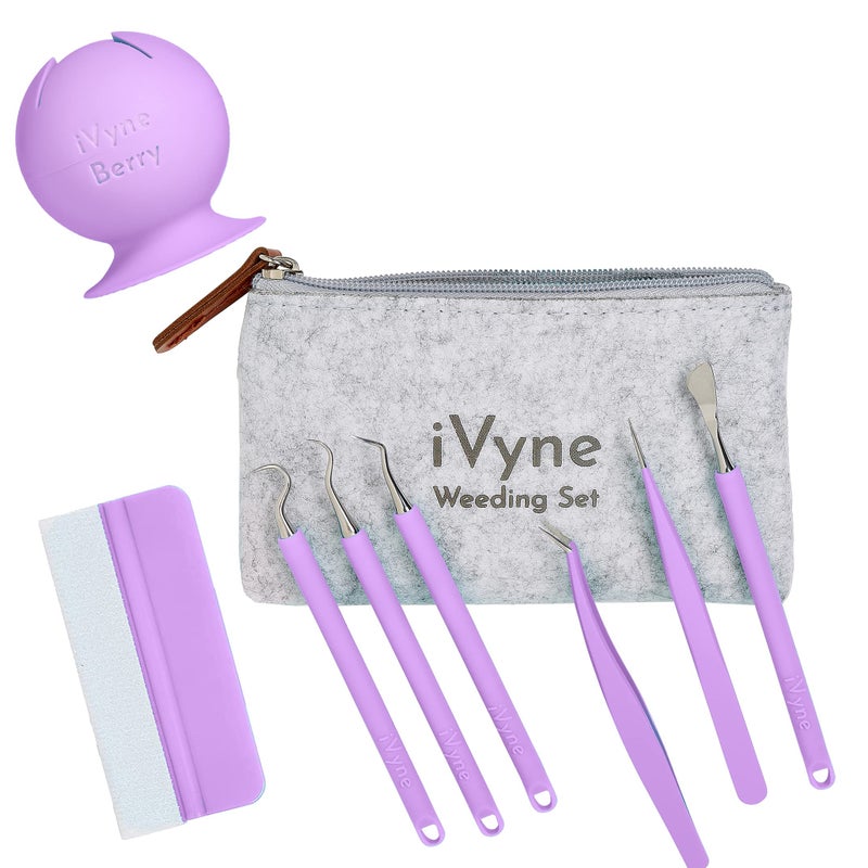 iVyne (8pcs) Premium Vinyl Weeding Tool Kit & Weeding Scrap Collector Soft Grip Tools with Berry, Weeder, Tweezers, Picker Or Hook, and Scraper Set for Silhouette Cameos & Cricut - Purple - Image 1