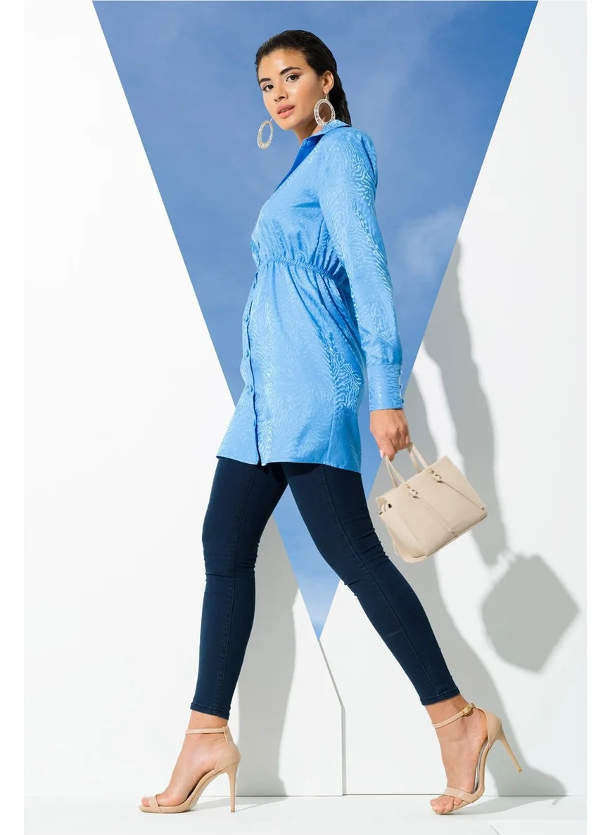 For You Woman Satin Jacquard Padded Blue Shirt S27036