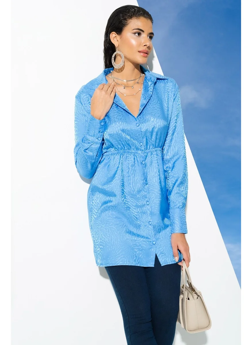 For You Woman Satin Jacquard Padded Blue Shirt S27036