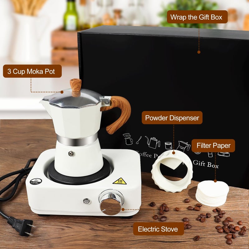 DITOSH 4-in-1 Moka Pot Espresso Set with Electric Stove 3 Cup Aluminum Stovetop Coffee Maker Percolator Italian Classic Mocha Coffee Machine with Powder Dispenser Filter Paper Portable Camping White - Image 3