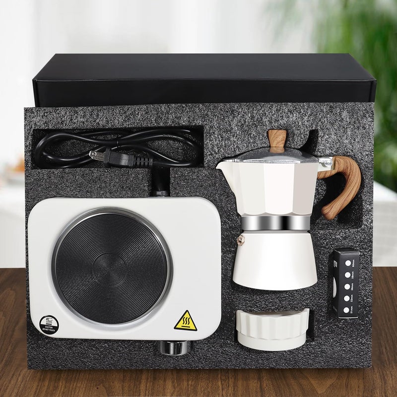 DITOSH 4-in-1 Moka Pot Espresso Set with Electric Stove 3 Cup Aluminum Stovetop Coffee Maker Percolator Italian Classic Mocha Coffee Machine with Powder Dispenser Filter Paper Portable Camping White - Image 1