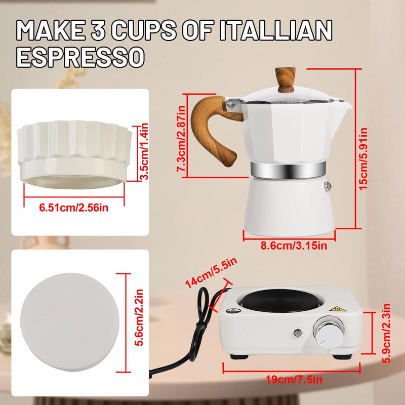 DITOSH 4-in-1 Moka Pot Espresso Set with Electric Stove 3 Cup Aluminum Stovetop Coffee Maker Percolator Italian Classic Mocha Coffee Machine with Powder Dispenser Filter Paper Portable Camping White - Image 2