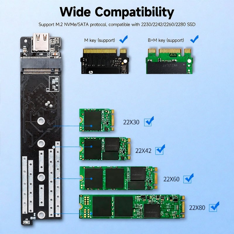 حاوية قرص صلب محمول بروتوكول مزدوج M.2 NVMe/SATA - غلاف SSD خارجي USB3.1 Type-C بقاعدة من سبائك الألومنيوم (كبل واحد + محول واحد) - Image 5
