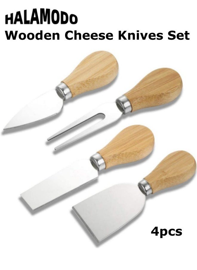 HALAMODO 4pcs Cheese Knives Set Wooden Cheese Spreader Knive Set Wood Handle Butter knives Mini Cheese Knife Slicer Stainless Steel Cheese Knife Collection for Pastry Making  - Image 1