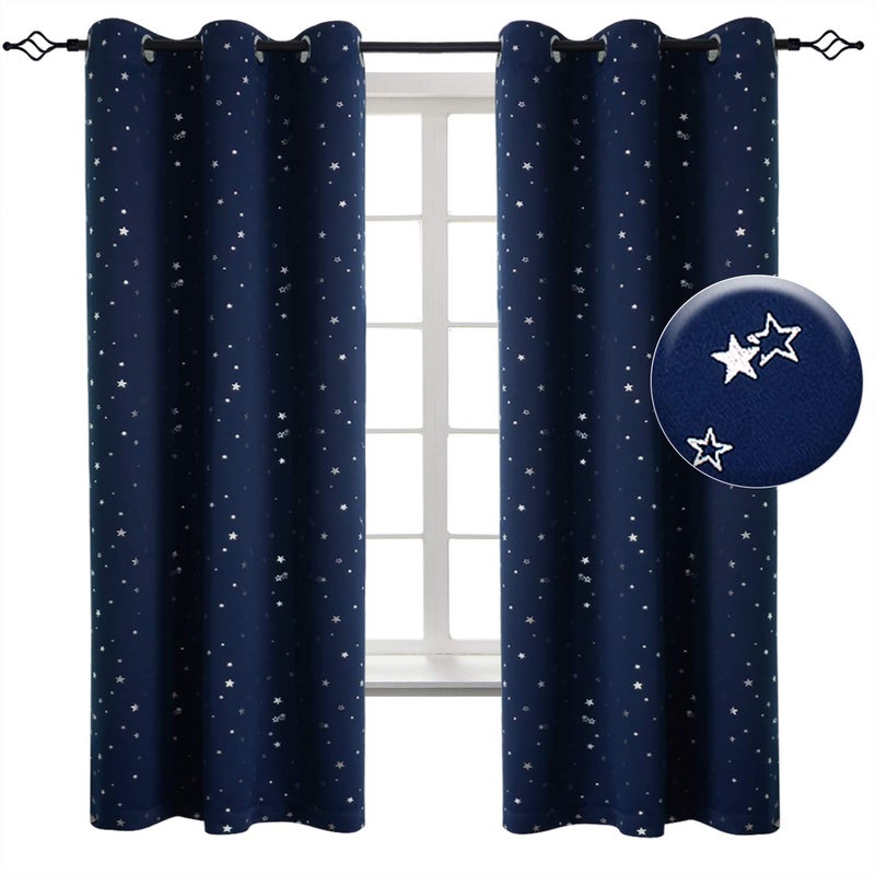 BGment Kids Blackout Curtains for Bedroom Grommet Thermal Insulated Silver Star Print Room Darkening Curtains for Kids Room Set of 2 Panels 38 x 63 Inch Navy Blue