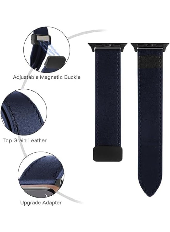 Magnetic Leather Band Compatible with Apple Watch Ultra/Ultra 2 49mm 45mm 44mm 42mm, Genuine Leather Magnetic Clasp Strap for iWatch Ultra SE 2 Series 8 7 6 5 4 3 2 1 for Men Women - Navy blue - Image 4