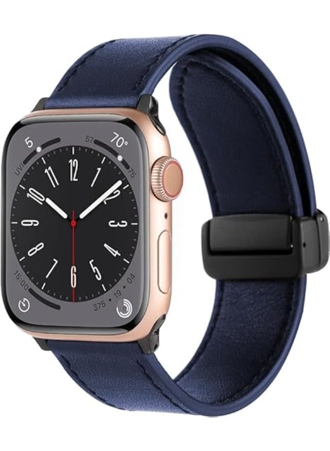 Magnetic Leather Band Compatible with Apple Watch Ultra/Ultra 2 49mm 45mm 44mm 42mm, Genuine Leather Magnetic Clasp Strap for iWatch Ultra SE 2 Series 8 7 6 5 4 3 2 1 for Men Women - Navy blue - Image 5