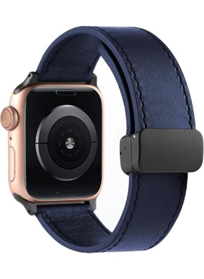 Magnetic Leather Band Compatible with Apple Watch Ultra/Ultra 2 49mm 45mm 44mm 42mm, Genuine Leather Magnetic Clasp Strap for iWatch Ultra SE 2 Series 8 7 6 5 4 3 2 1 for Men Women - Navy blue - Image 1
