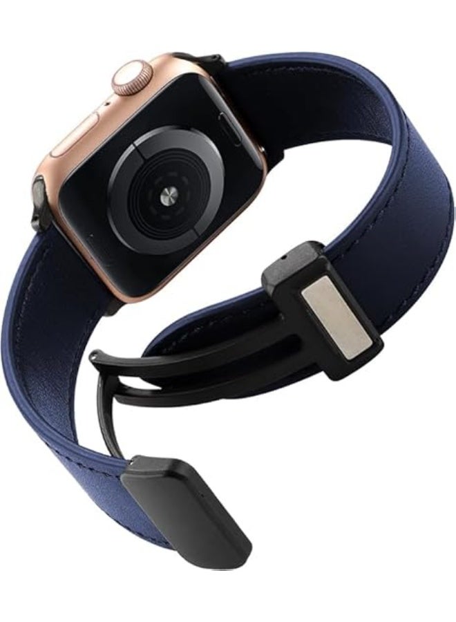 Magnetic Leather Band Compatible with Apple Watch Ultra/Ultra 2 49mm 45mm 44mm 42mm, Genuine Leather Magnetic Clasp Strap for iWatch Ultra SE 2 Series 8 7 6 5 4 3 2 1 for Men Women - Navy blue - Image 2