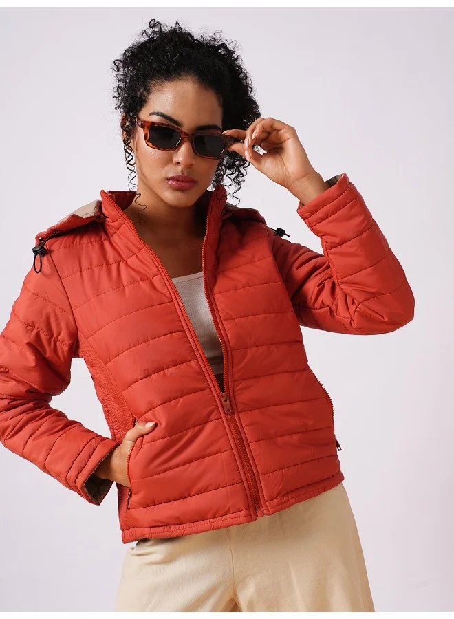 globus Globus Women Rust Mock Neck With Attached Hoodie Zip Closure Reversible Winter Wear Puffer Jacket