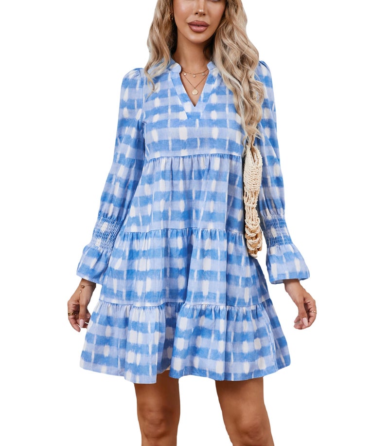 Ladyful Womens Printed Mini Dress Long Sleeve V Neck Tiered Flowy Swing Summer Vacation Beach Short Tunic Dress Blue - Image 1
