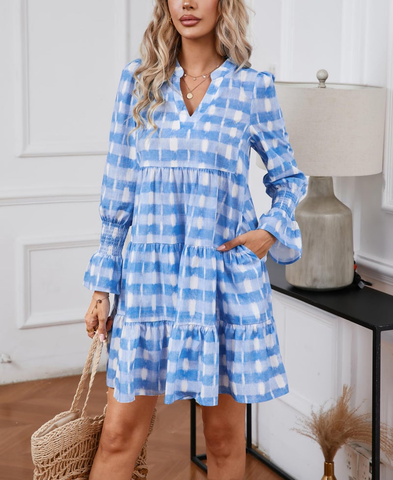 Ladyful Womens Printed Mini Dress Long Sleeve V Neck Tiered Flowy Swing Summer Vacation Beach Short Tunic Dress Blue - Image 5