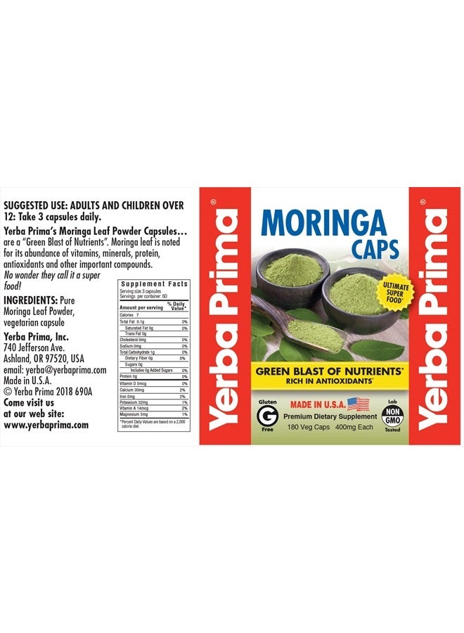Yerba Prima Moringa, 180 Count Veg Caps - 400mg of Pure, Dried Leaf Powder, Green Blast of Nutrients, Rich in Antioxidants, 100% Pure, Super Food, Non-GMO, Vegan Friendly, Gluten-Free, USA Made - Image 2