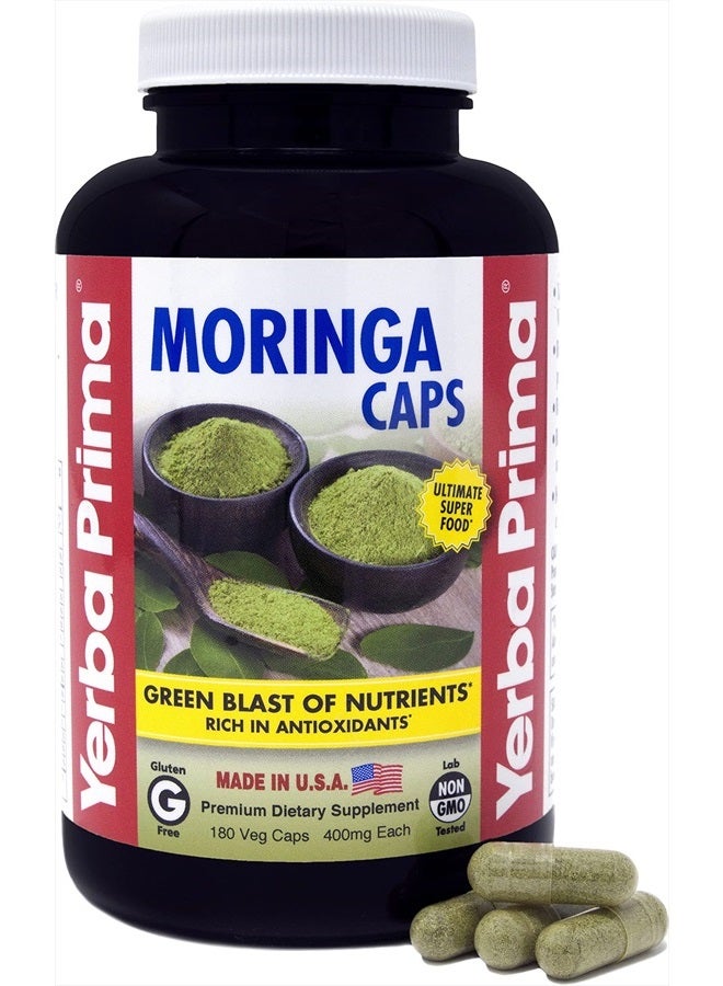 Yerba Prima Moringa, 180 Count Veg Caps - 400mg of Pure, Dried Leaf Powder, Green Blast of Nutrients, Rich in Antioxidants, 100% Pure, Super Food, Non-GMO, Vegan Friendly, Gluten-Free, USA Made - Image 1