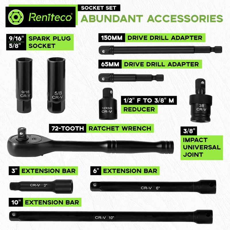 Reniteco 56-Piece 3/8"" Drive Socket Set  Sae (5/16""-3/4"") & Metric (8Mm-22Mm)  Deep & Shallow  Ratchet Handle  Extension Bars  Adapter  Universal Joint  Power Drill Adapters  Spark Plug Sockets  Cr-V - Image 3