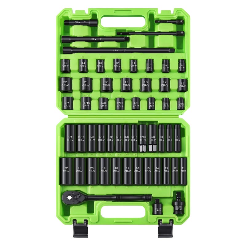 Reniteco 56-Piece 3/8"" Drive Socket Set  Sae (5/16""-3/4"") & Metric (8Mm-22Mm)  Deep & Shallow  Ratchet Handle  Extension Bars  Adapter  Universal Joint  Power Drill Adapters  Spark Plug Sockets  Cr-V - Image 1