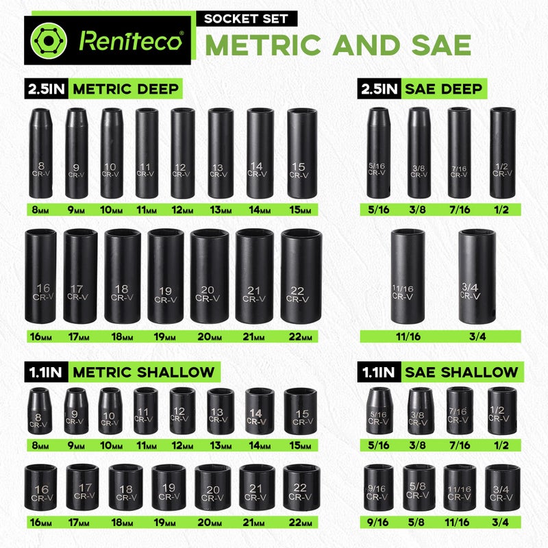 Reniteco 56-Piece 3/8"" Drive Socket Set  Sae (5/16""-3/4"") & Metric (8Mm-22Mm)  Deep & Shallow  Ratchet Handle  Extension Bars  Adapter  Universal Joint  Power Drill Adapters  Spark Plug Sockets  Cr-V - Image 2
