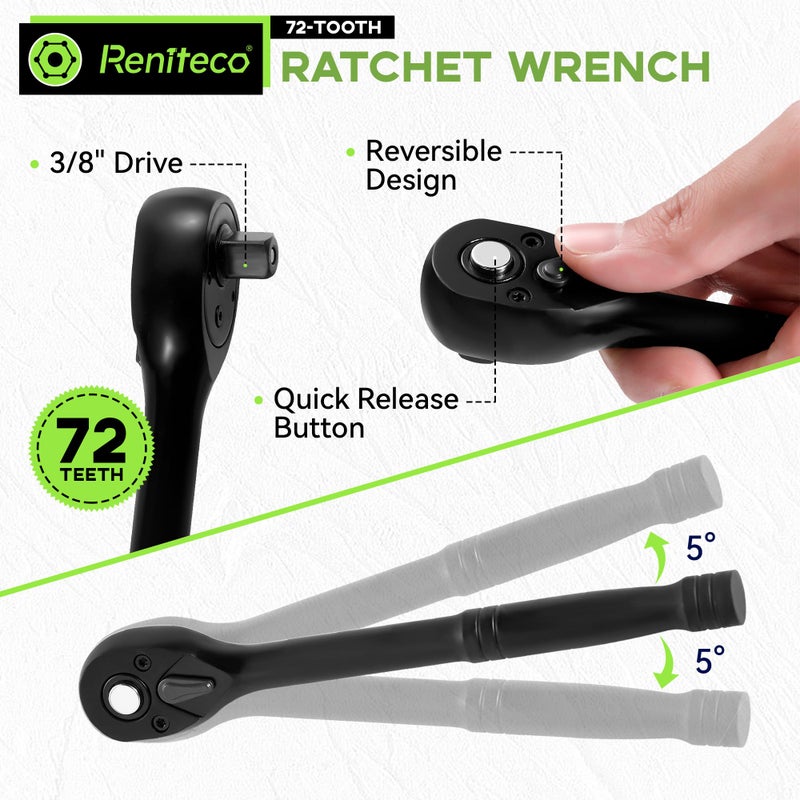Reniteco 56-Piece 3/8"" Drive Socket Set  Sae (5/16""-3/4"") & Metric (8Mm-22Mm)  Deep & Shallow  Ratchet Handle  Extension Bars  Adapter  Universal Joint  Power Drill Adapters  Spark Plug Sockets  Cr-V - Image 4