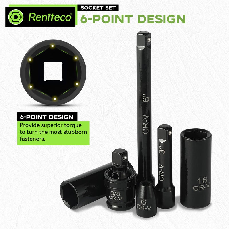 Reniteco 56-Piece 3/8"" Drive Socket Set  Sae (5/16""-3/4"") & Metric (8Mm-22Mm)  Deep & Shallow  Ratchet Handle  Extension Bars  Adapter  Universal Joint  Power Drill Adapters  Spark Plug Sockets  Cr-V - Image 5