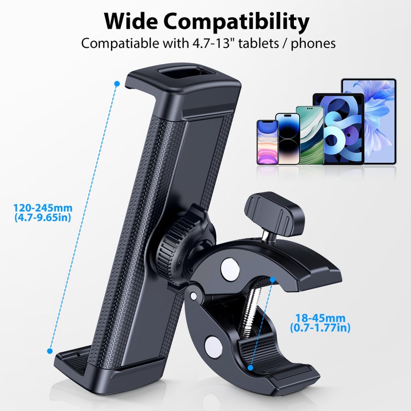CreaDream Tablet Holder Mount for Spin Bike, Tablet Clamp for Treadmill, Indoor Stationary Bike, Stroller, Peloton, Gym Trainer Handlebar Stand Fit for iPad Pro/Air/Mini, Galaxy Tabs, Phones, 4.7-13" - Image 5
