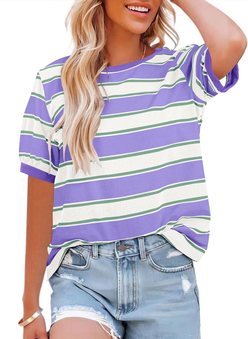 Lafural Womens Tops Cotton Casual Color Block Striped Short Sleeve Shirts Crewneck T Shirts Loose Basic Tee Blouses PR+W L Purple - Image 1