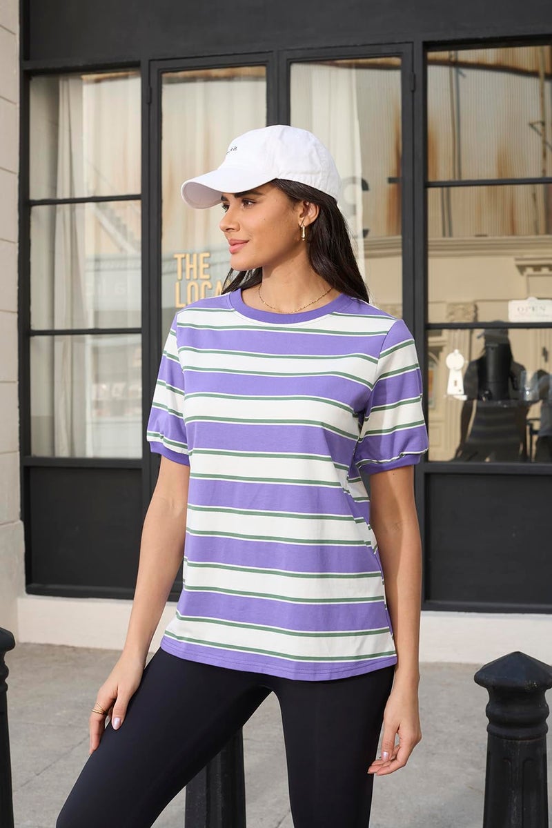 Lafural Womens Tops Cotton Casual Color Block Striped Short Sleeve Shirts Crewneck T Shirts Loose Basic Tee Blouses PR+W L Purple - Image 4