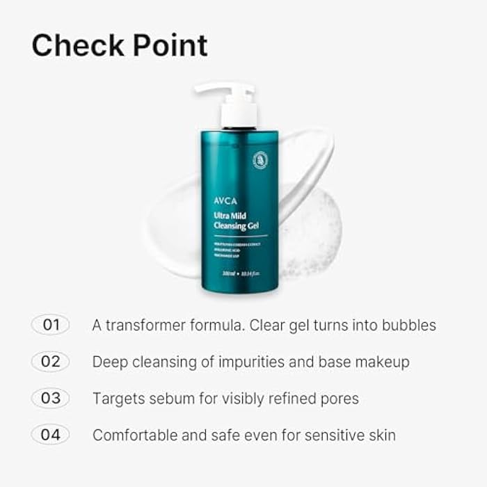 AVCA Ultra Mild Cleansing Gel Face Wash 300 mL (10.14 fl oz) - Gentle Hydrating Cleanser, Hyaluronic Acid & Niacinamide, Heartleaf Extract, Low-Irritation Foaming Rinse - Image 3