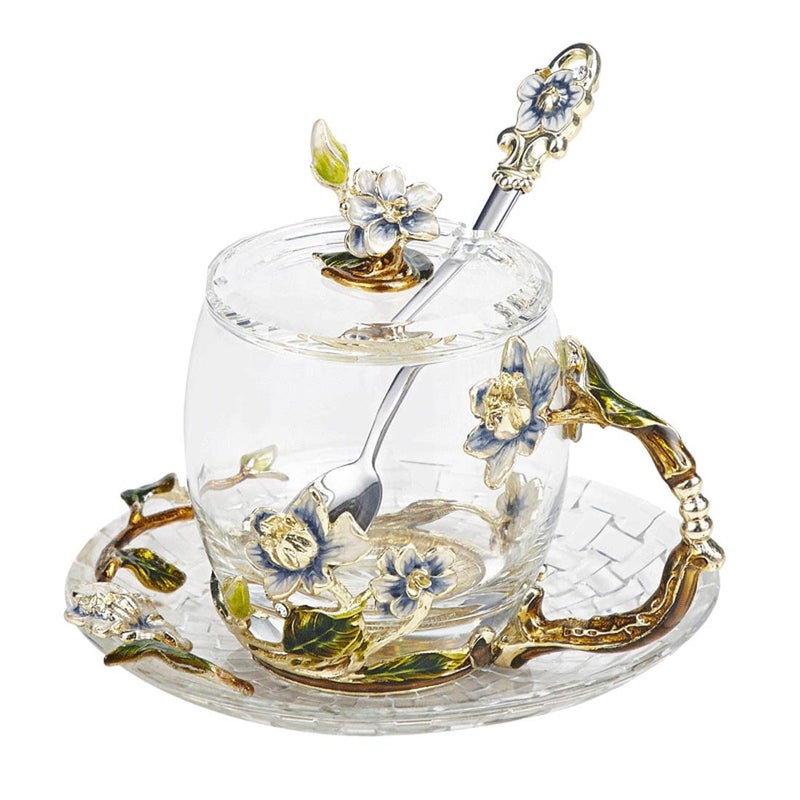 LANTREE Fancy Tea Cups Flower Coffee Mugs with Lid Mothers Day Gift Birthday Gifts for Female Valentines Day Christmas Gift Jasmine 11oz