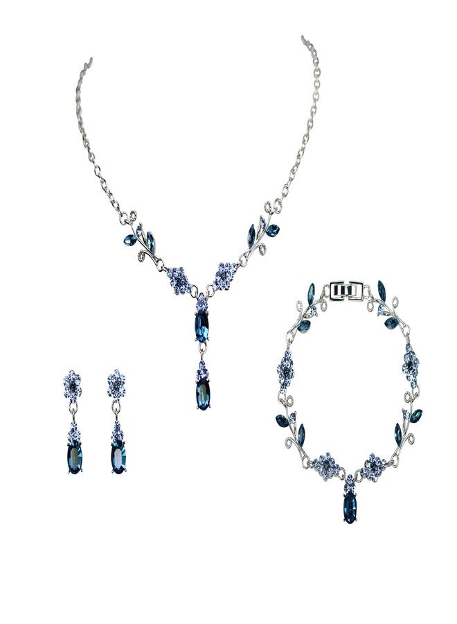 Faship Dark Blue Rhinestone Crystal Floral Necklace Bracelet Earrings Set - Dark Blue - Image 1