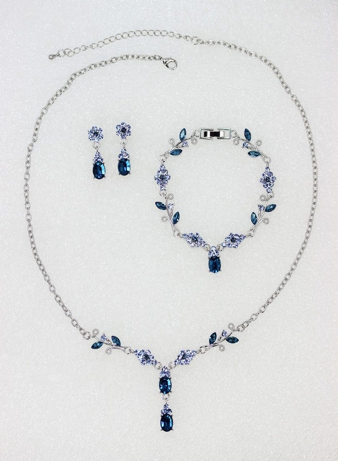 Faship Dark Blue Rhinestone Crystal Floral Necklace Bracelet Earrings Set - Dark Blue - Image 2