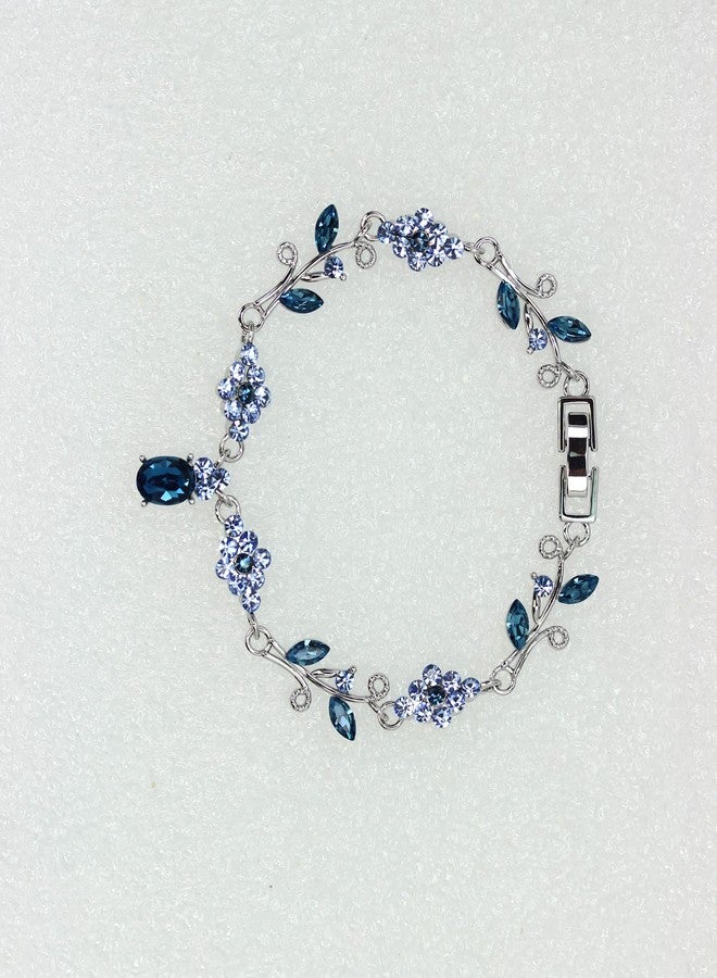 Faship Dark Blue Rhinestone Crystal Floral Necklace Bracelet Earrings Set - Dark Blue - Image 4