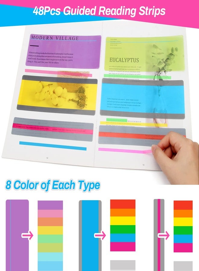 WIWAPLEX 48-Piece Guided Reading Strips - 3-Style Highlighter Strips & 8-Colored Reading Overlays with Transparent Highlighter Stick Tabs & Bookmark for Dyslexia - Image 3