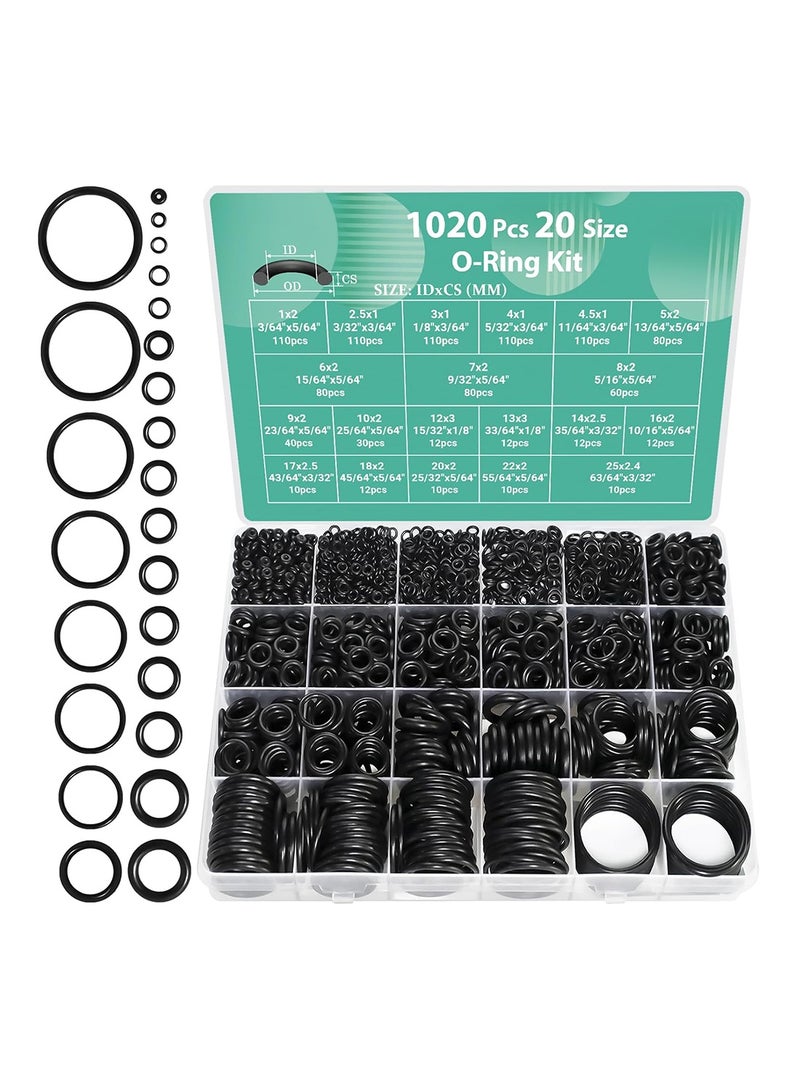 MVAQKLM مجموعة حلقات مطاطية من النتريل مكونة من 1020 قطعة، 20 مقاسًا، مجموعة متنوعة من حلقات مطاطية من النتريل لإصلاح السيارات والمركبات وصنابير السباكة وسد الوصلات بالهواء أو الغاز ومقاومة للزيت والحرارة - Image 1