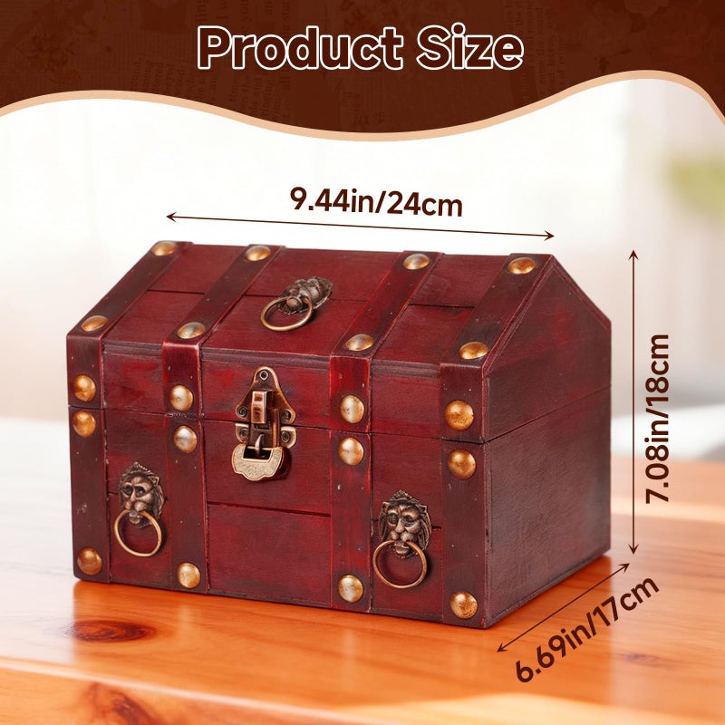 GemJelry Large Vintage Wooden Treasure Chest Box with Metal Lock Antique Wood Jewelry Box Storage Decorative Boxes Handmade Rectangle Organizer for Women Ring Necklace Earring Coins Collectibles - Image 4